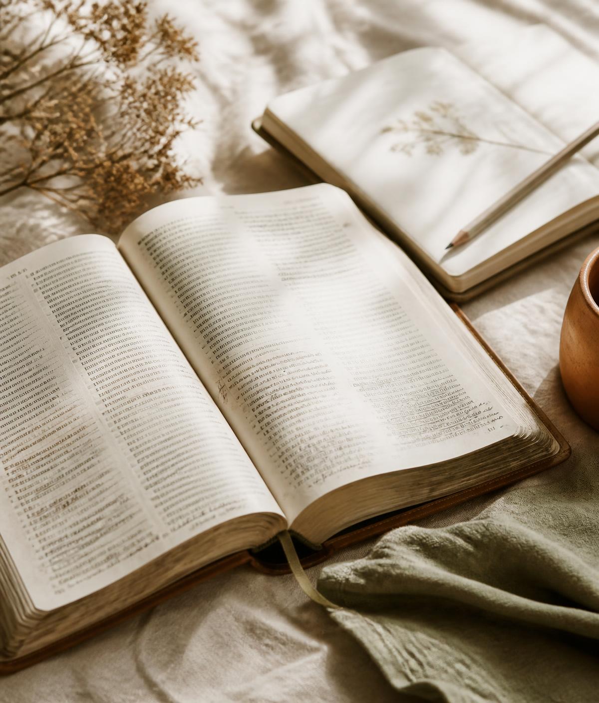 Biblia abierta con notas junto a una libreta y un lápiz bajo luz natural