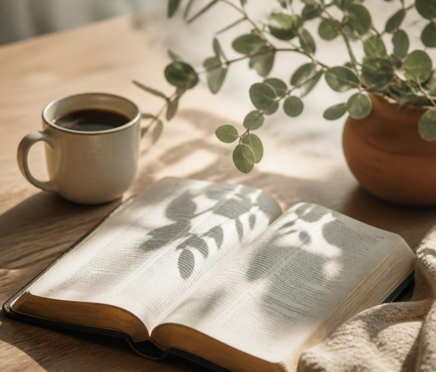 Biblia abierta sobre una mesa de madera clara con una taza y sombras de hojas al amanecer